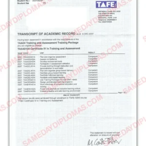 TAFE Certificate III Transcript - Australia