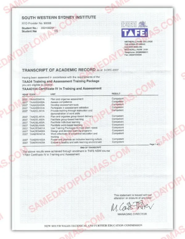 TAFE Certificate III Transcript - Australia - Diploma Shop in the UK